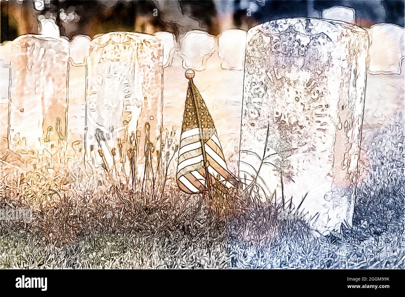 Farblich getönte Illustration einer kleinen amerikanischen Flagge, die die Gräber von Unionstoten auf dem Antietam National Cemetery in Sharpesburg, Maryland, markiert. Stockfoto