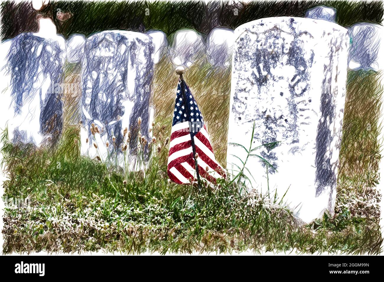 Farbige Illustration einer kleinen amerikanischen Flagge, die die Gräber von Todesopfern der Gewerkschaften auf dem Antietam National Cemetery in Sharpesburg, Maryland, markiert. Stockfoto