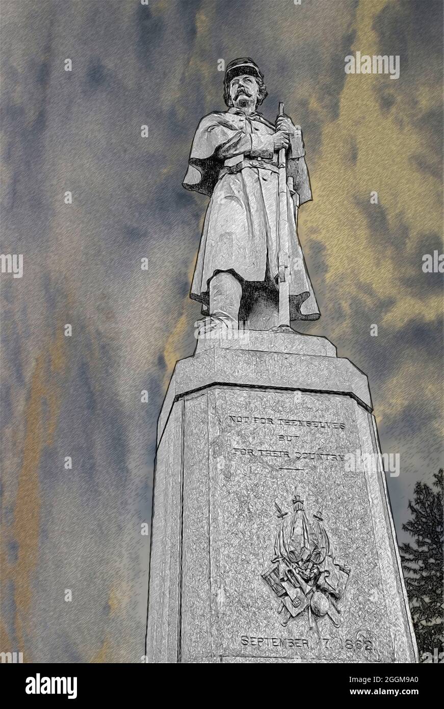 Farbdarstellung des Private Soldier Monument in der Abenddämmerung auf dem Antietam National Cemetery in Sharpesburg, Maryland. Stockfoto