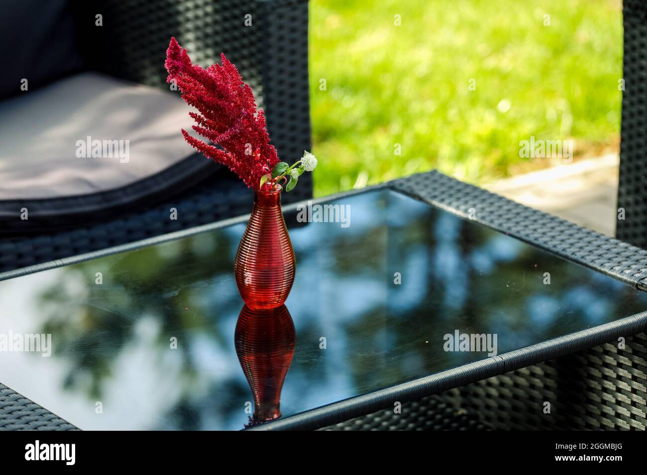 Sitzecke, Sofa, Couchtisch, rote Vase mit einer Blume. Hochwertige Fotos Stockfoto