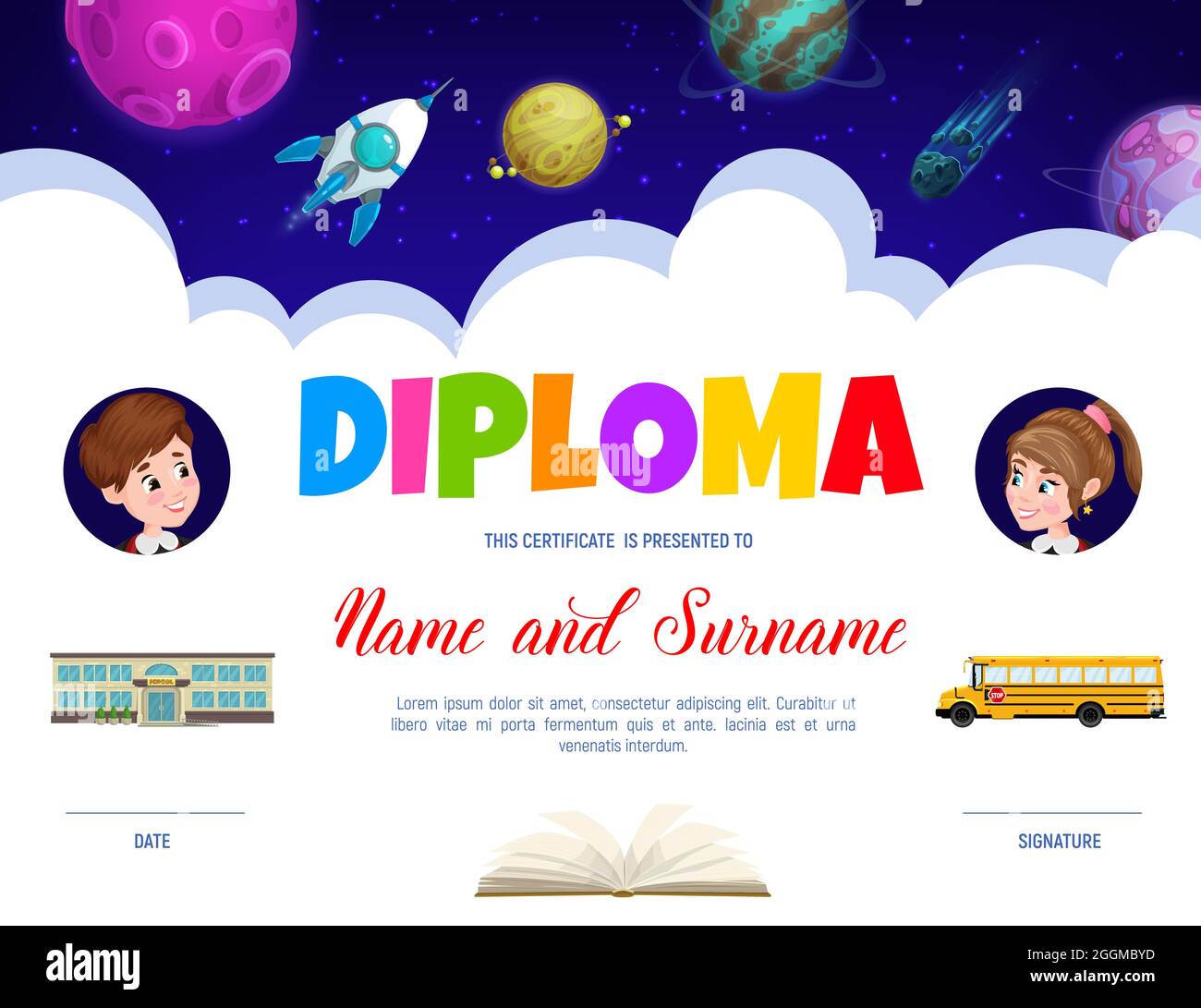 Bildungsdiplom mit Cartoon Galaxie Raum, Schüler, Schulbus und Lehrbuch. Vektor-Schüler-Zertifikat mit Schulgebäude und Rakete in Universe. Stock Vektor