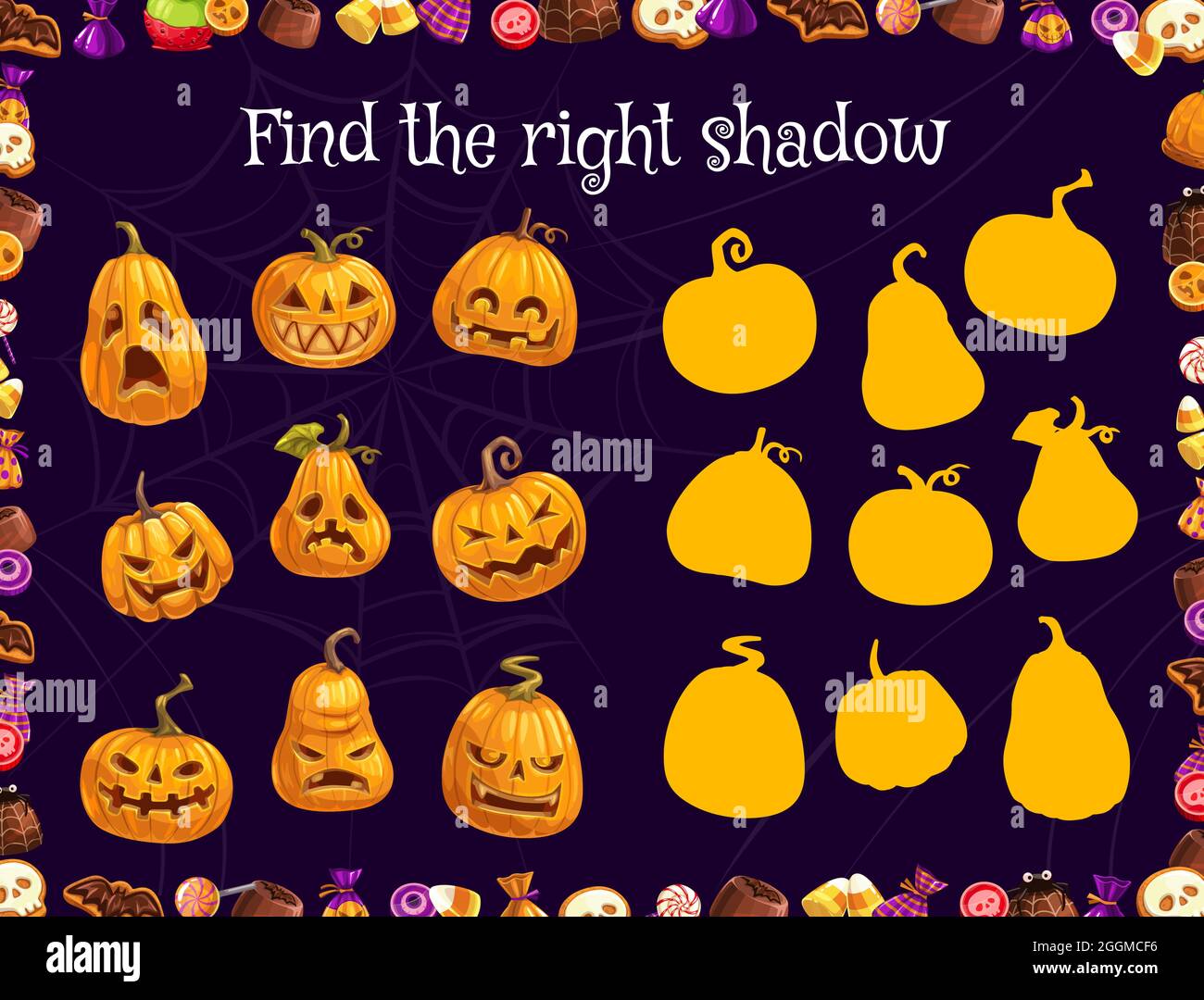 Halloween Kinder Spiel mit finden Sie die richtige Silhouette von Vektor-Kürbisse und Leckereien. Halloween Schatten passende Spiel oder Puzzle, pädagogische Rätsel oder Test Stock Vektor