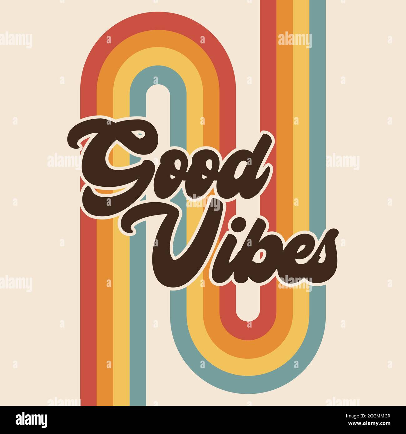 Retro Good Vibes Rainbow positive Message Boho Graphic, Vintage Typographic Lettering Saying, 70er Hippie Art, Groovy Artistic Font, Stripe Design, Sti Stockfoto