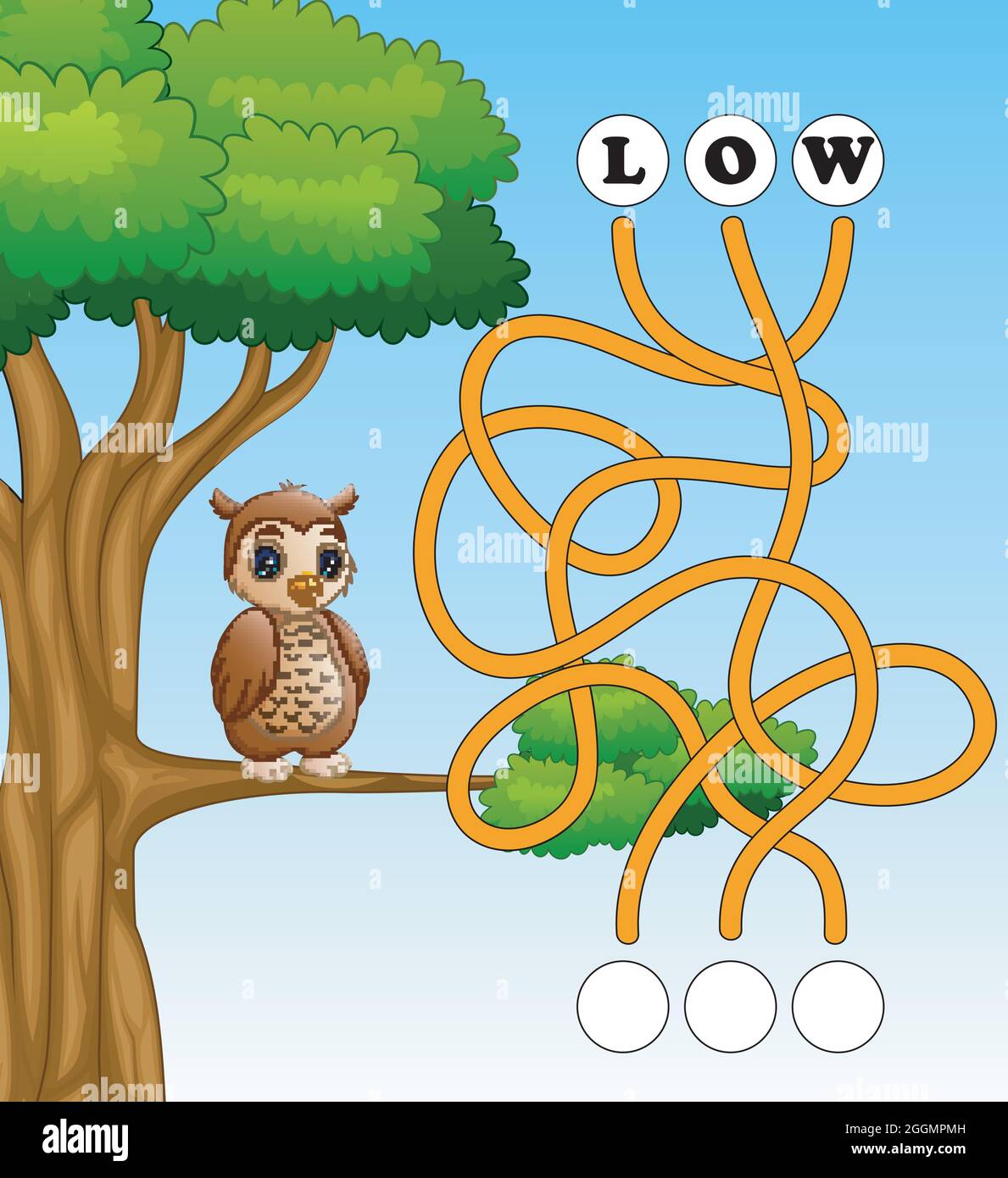 Spiel Eule Labyrinth finden Weg zum Wort Stock Vektor