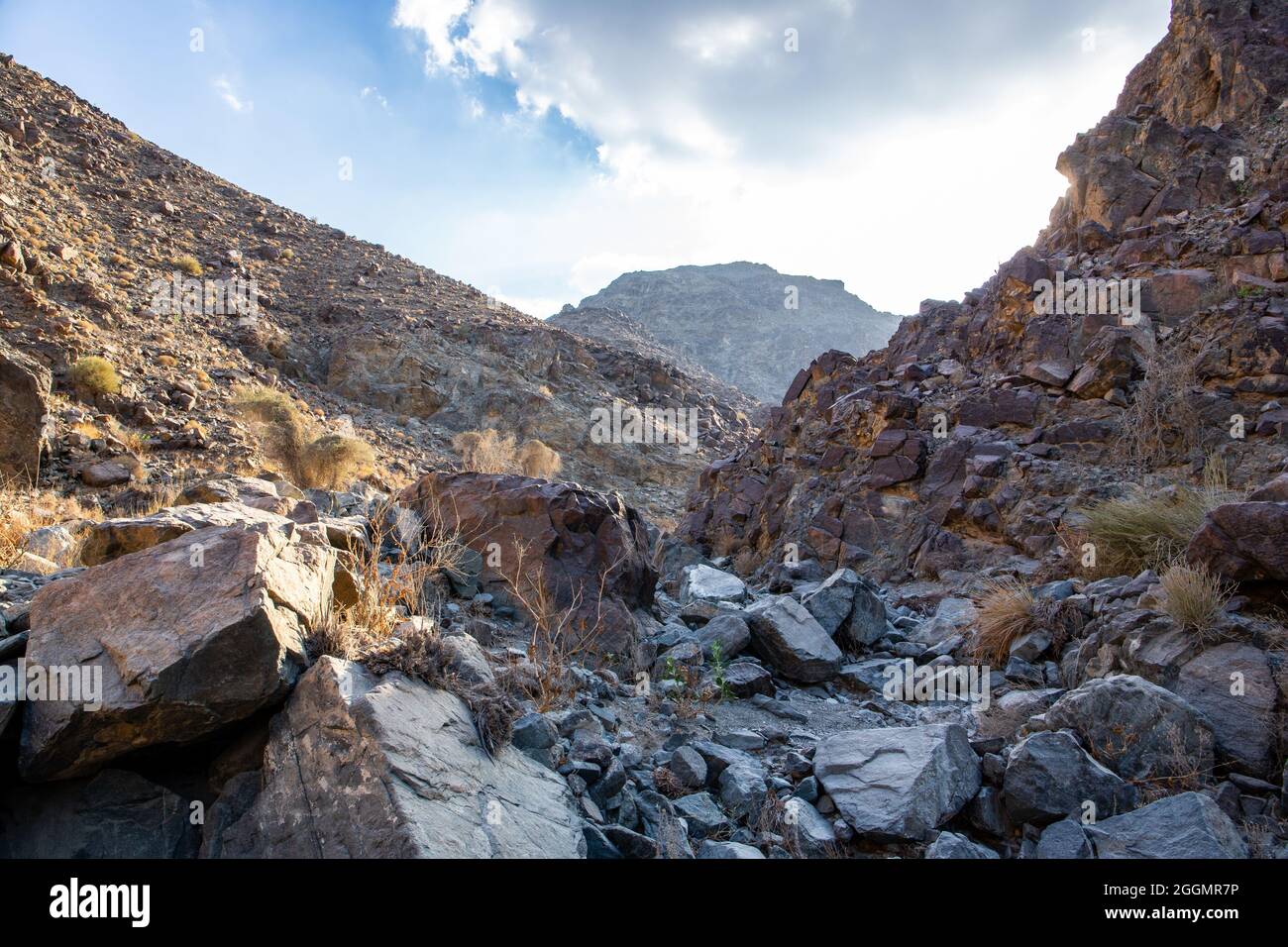 Steiniges, trockenes Flussbett (wadi) mit Überresten von rohem Erz aus Kupfer, grünen Steinen und Felsen, Copper Hike Trail, Hatta, Haschar Mountains, VAE. Stockfoto