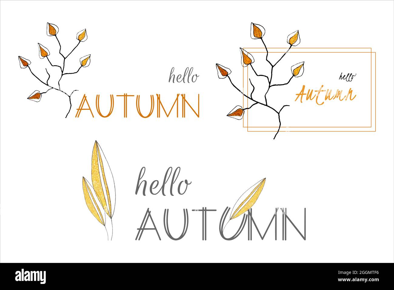 Autumn Banner Set Hello Autumn, kritzeln, Schriftzug, Element auf weißem Hintergrund isoliert, für Ihr Design. Vektorgrafik Stock Vektor