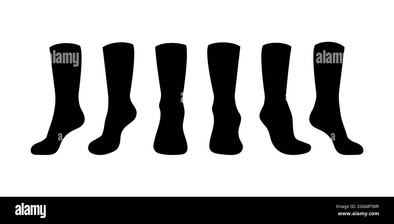Schwarze Socken Vorlage mockup flache Stil Design Vektor Illustration Set isoliert auf weißem Hintergrund. Lange schwarze Socken mit verschiedenen Winkeln Mockups. Stock Vektor