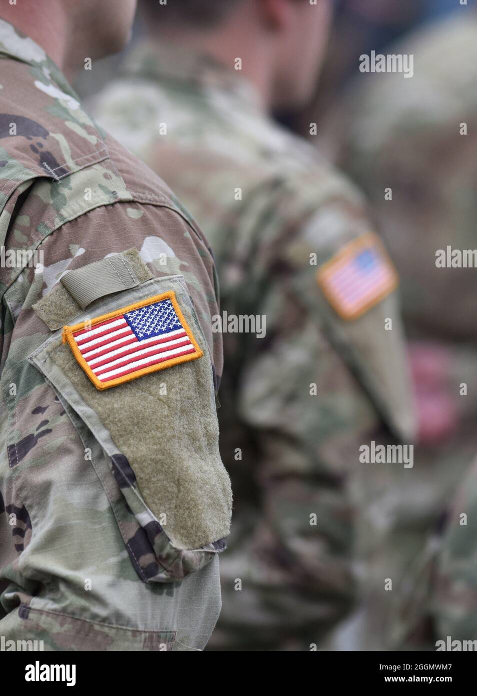 US-Soldaten. US-Armee. USA-Patch-Flagge auf der US-Militäruniform. Veterans Day. Memorial Day. Stockfoto