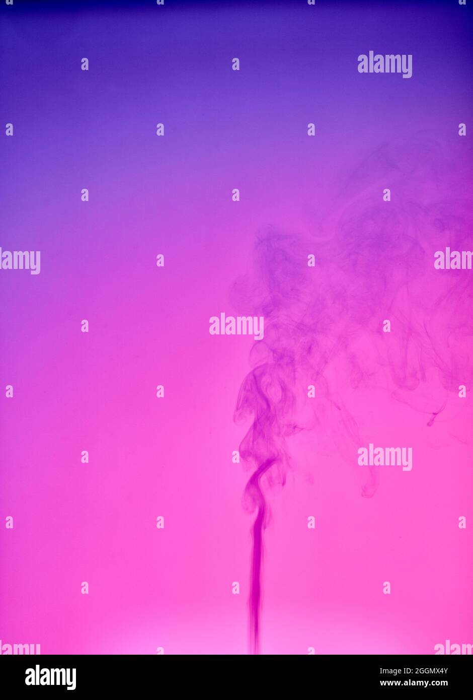 Rauch steigt aus dem Diffusor mit rot-blau-violettem Neon-Gradientenlicht auf Stockfoto
