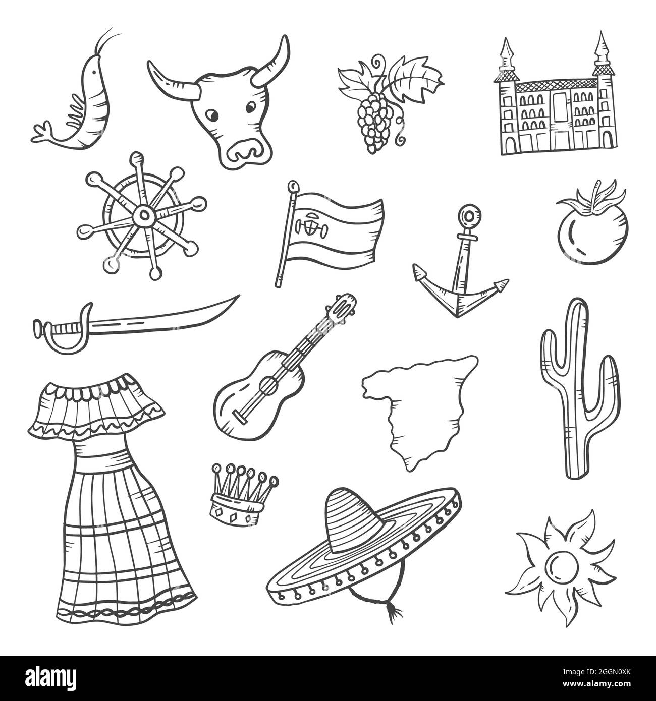 spanien Land Nation Doodle handgezeichnete Set-Kollektionen mit Umriss schwarz-weiß-Stil Vektor-Illustration Stockfoto