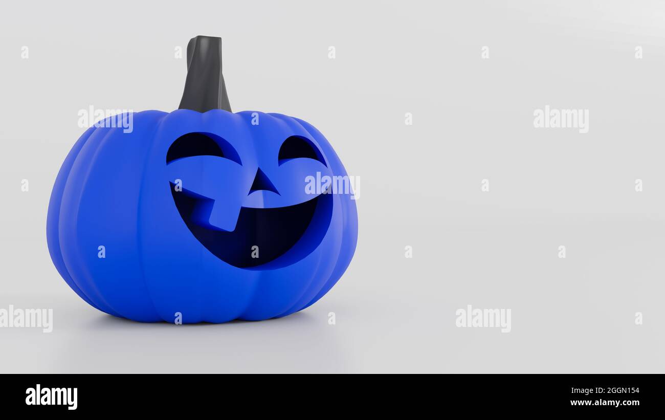 Blauer Halloween Kürbis mit niedlichem Lächeln im Gesicht. Bewusstsein für Autismus-Konzept. Geschnitzter Kürbis mit Kopierfläche auf weißem Hintergrund. 3D-Rendering Stockfoto