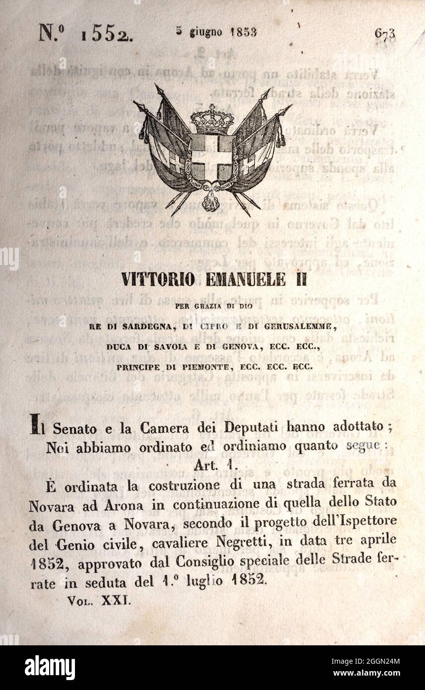 Italienisches Dokument von König Viktor Emmanuel II., in dem neue Gesetze vom Senat und der Abgeordnetenkammer verkündet werden. 5. Juni1853 - Autorisierung für den Stockfoto