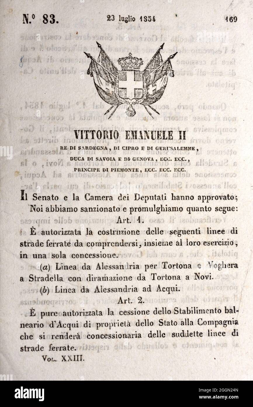 Italienisches Dokument von König Viktor Emmanuel II., in dem neue Gesetze vom Senat und der Abgeordnetenkammer verkündet werden. 23. Juli1854 - Genehmigung für den Th Stockfoto
