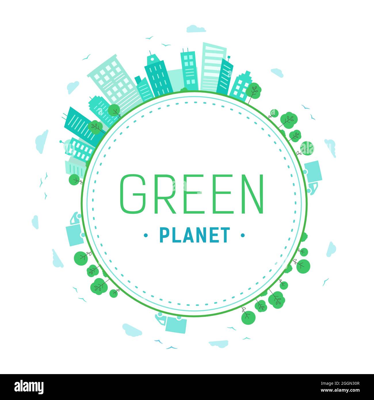 Grüner Planet. Design mit grünen Gebäuden und Baum um weißen Kreis. Viele Bäume in der Stadt Stock Vektor