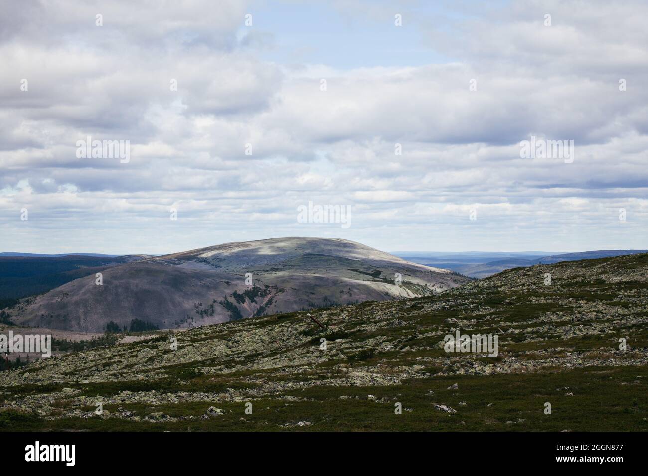 Friedliche Landschaft in den Bergen von Lappland, mit Flecken von Sonnenlicht auf einem fiel und Wolken am Himmel. Stockfoto