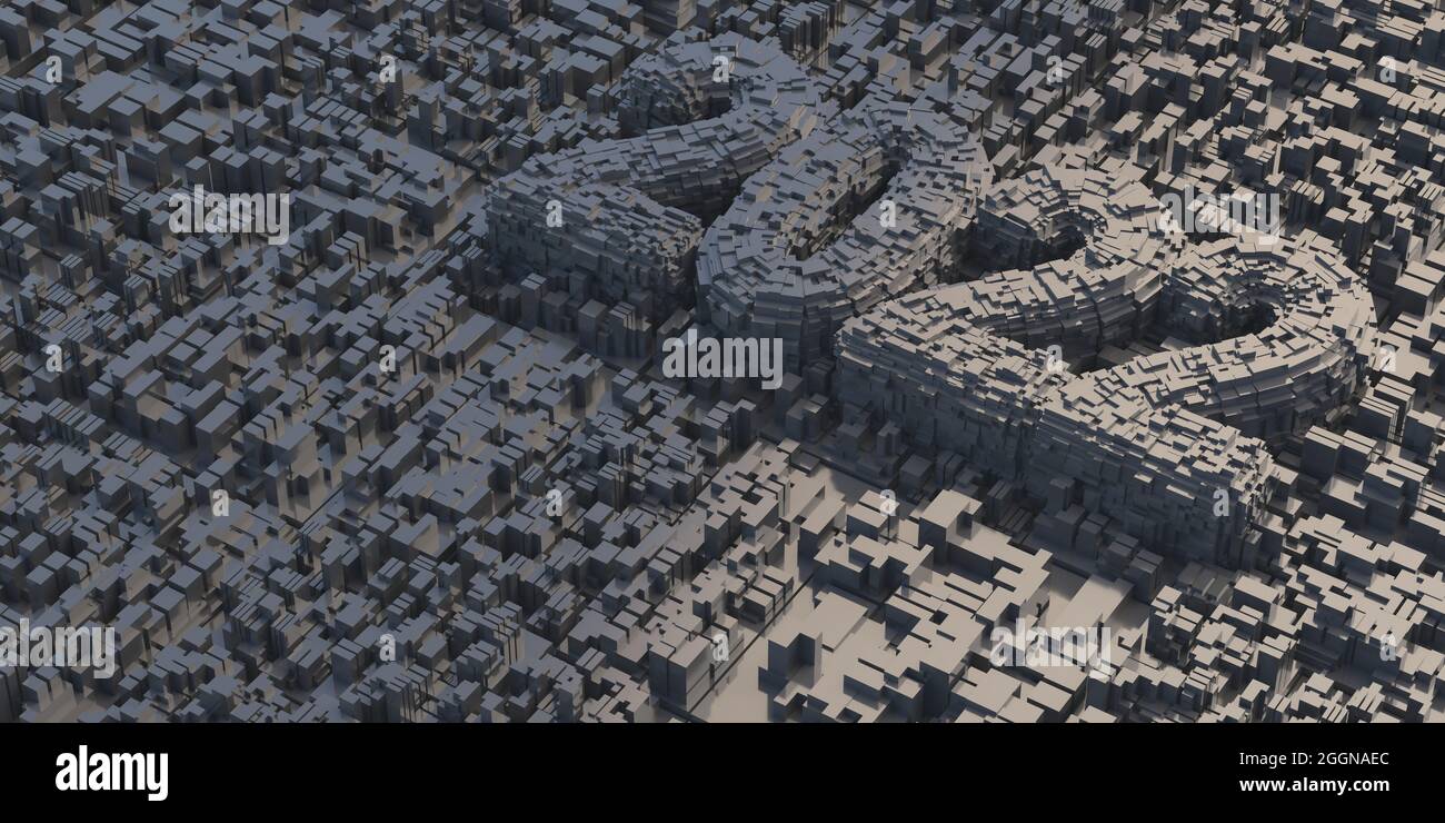 2022 Neujahr, abstrakt geometrische Stadt greeble Cube Hintergrund. Stadtgebäude futuristisches Architekturmodell, dunkelgraue Farbe, Luftaufnahme. 3d-Illust Stockfoto