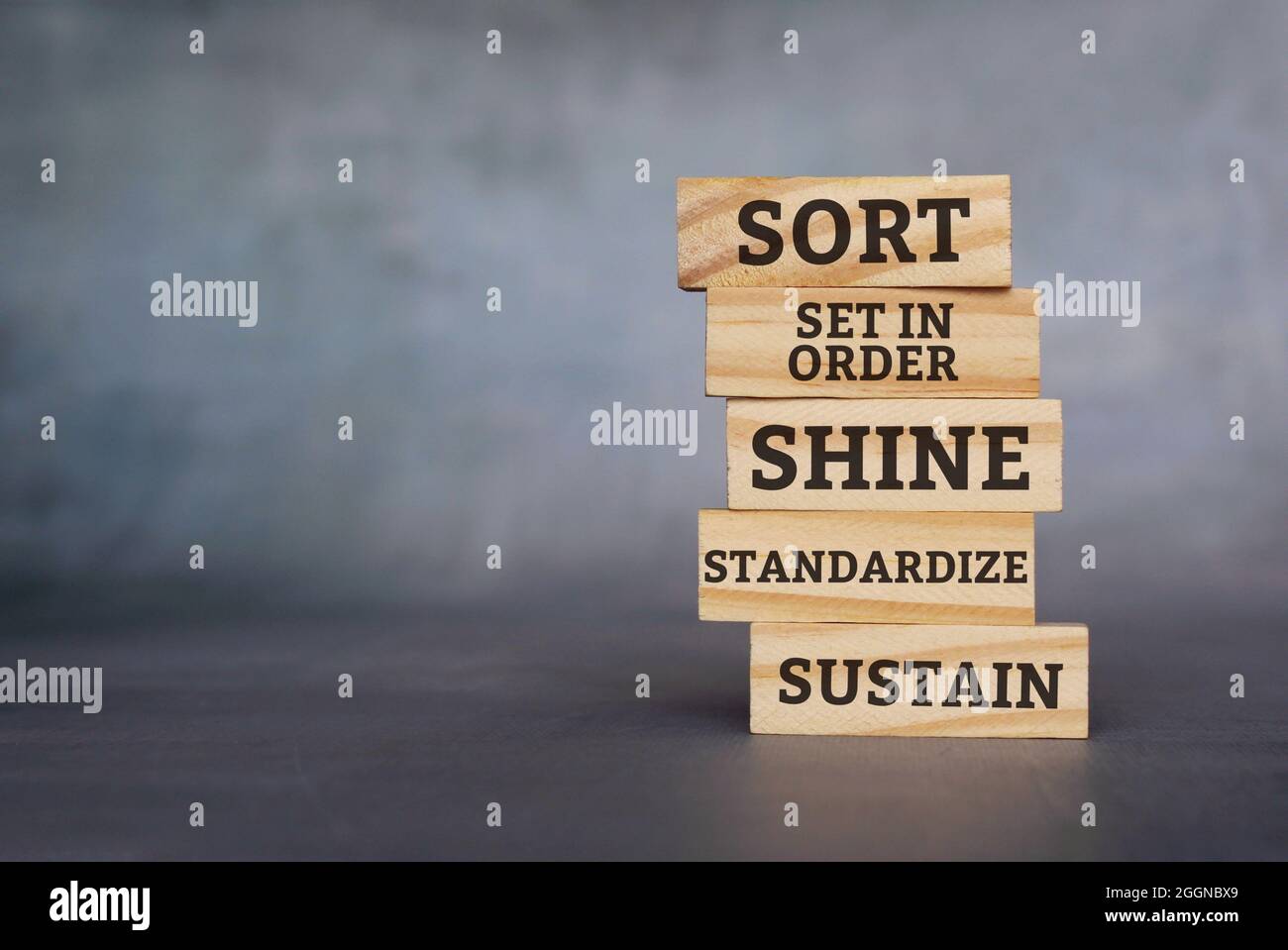 Die 5-s-Methode zur Arbeitsplatzorganisation. Stapel von Holzfliesen mit Text SORTIEREN, IN ORDNUNG setzen, GLÄNZEN, STANDARDISIEREN und ERHALTEN. Platz für Text kopieren Stockfoto