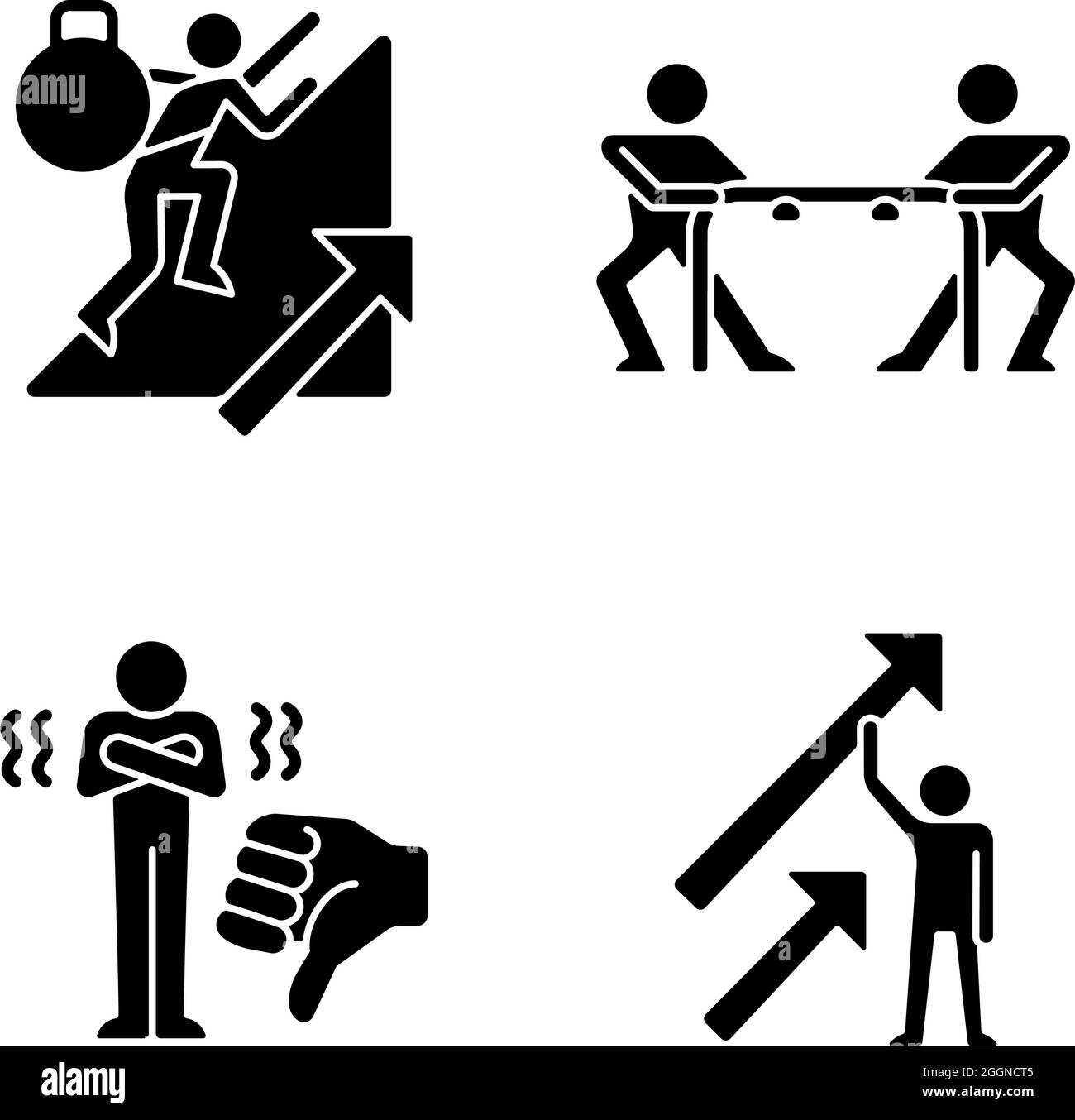 Motivation Komplikationen und Ergebnisse schwarze Glyphen-Symbole auf weißem Raum gesetzt Stock Vektor