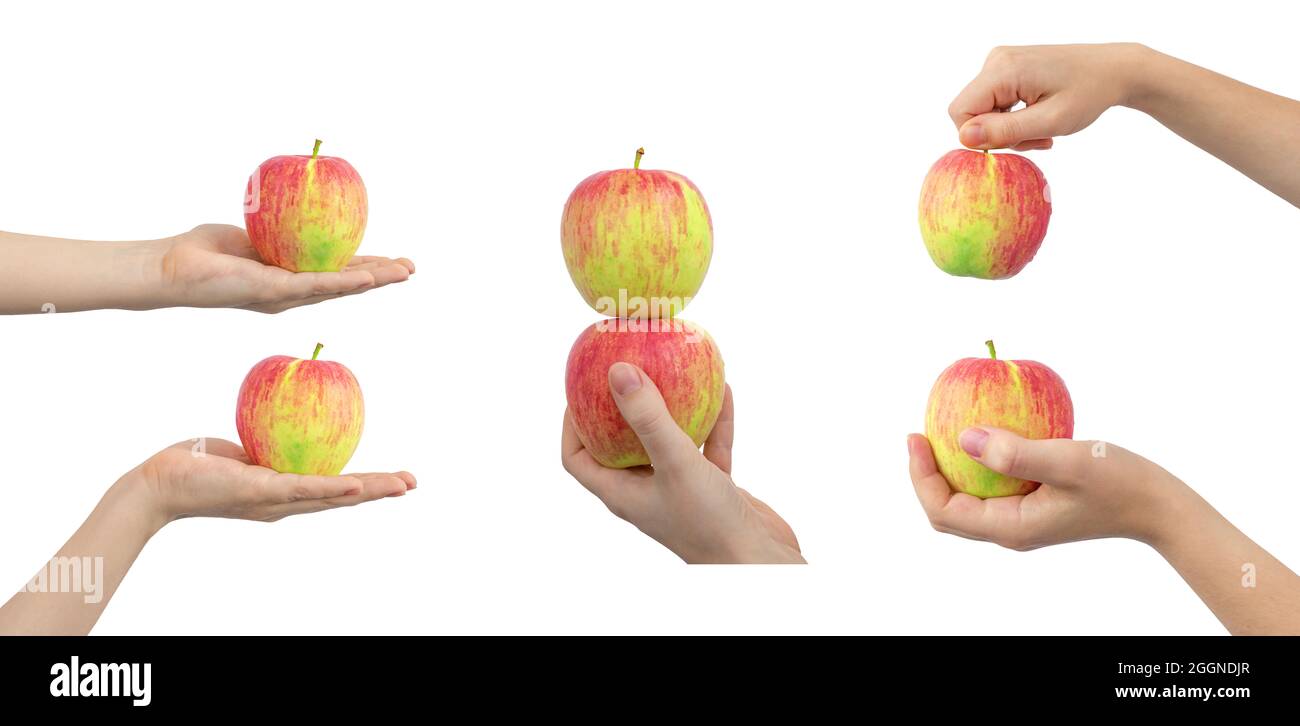 Große Collage reifen roten Apfel in der Hand, Frau hält Apfel, isoliert auf einem weißen Hintergrund Stockfoto