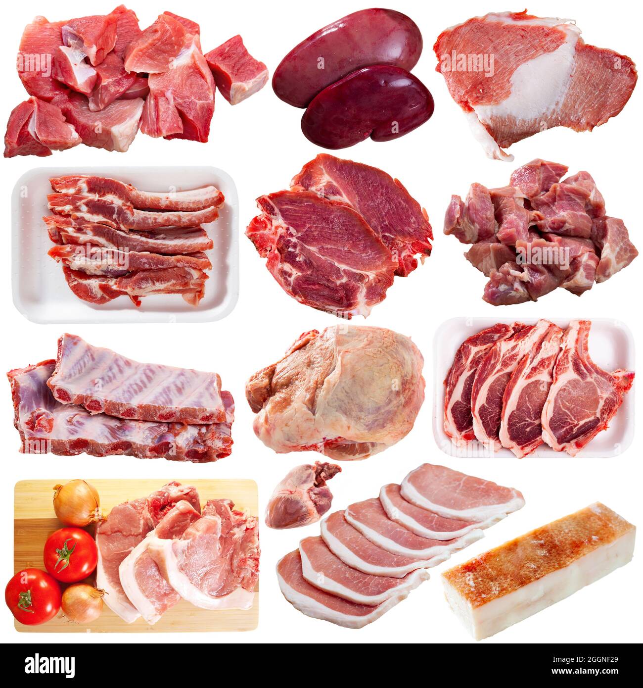 Set von verschiedenen rohen Schweinefleisch Produkte auf weiß isoliert Stockfoto