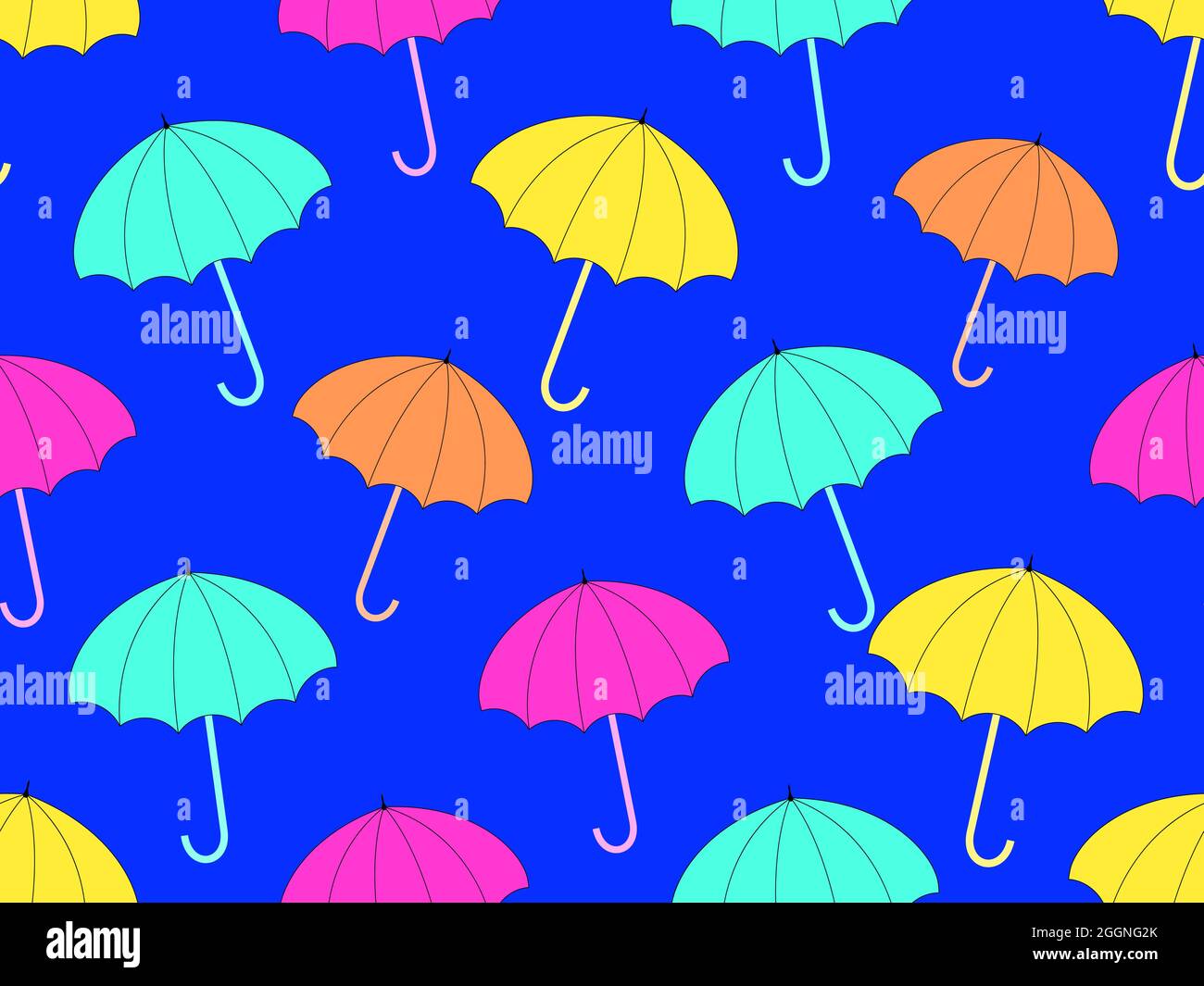 Bunte Regenschirme auf blauem Hintergrund. Helles Herbstmuster von Regenschirmen. Regenschirme. Design für Druck, Verpackung und Stoff. Vektorgrafik Stock Vektor
