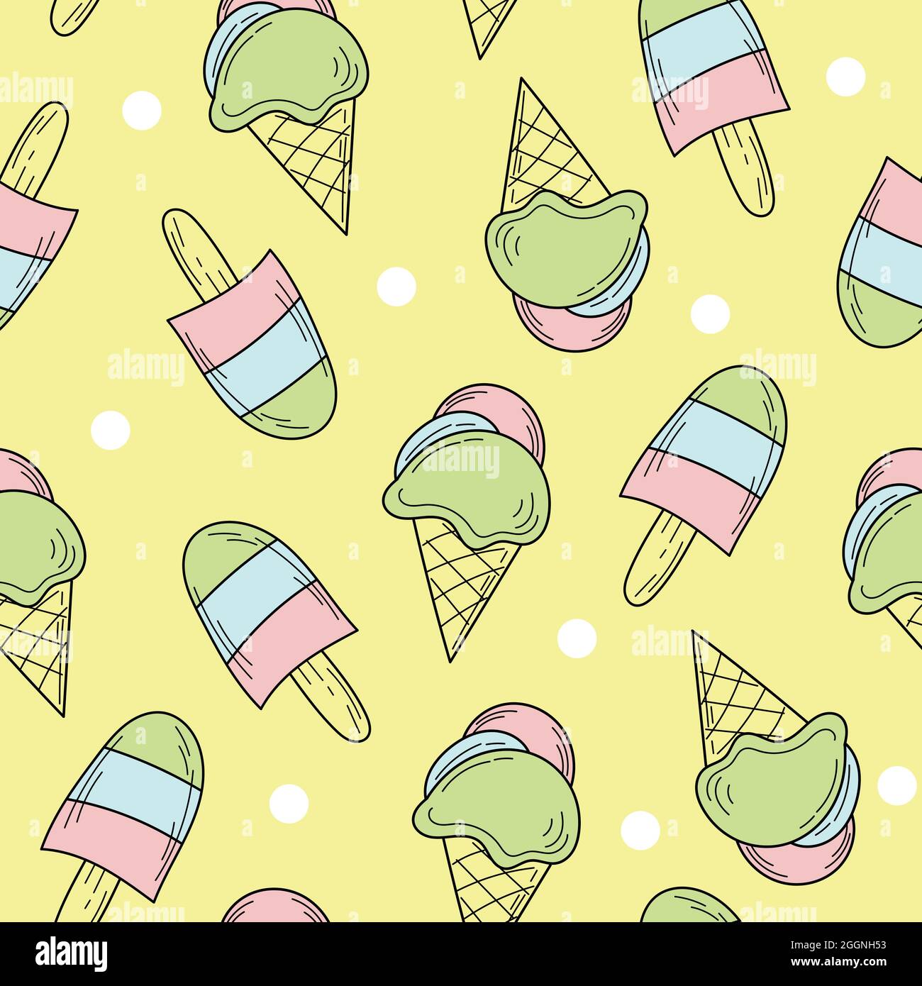 Nahtloses Muster aus handgezeichneter Eiscreme für Design. Endlose Muster auf grünem Hintergrund für Druck, Textil, Verpackung, Menü Stock Vektor