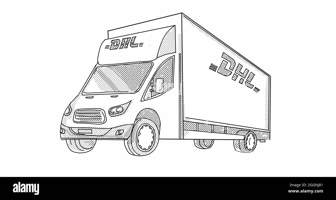 AUCKLAND, NEUSEELAND - 10. Nov 2020: Linienkunst-Illustration des DHL Lieferwagens, von der Seite aus gesehen, im niedrigen Winkel, in Linienzeichnung mit Halbton Stockfoto