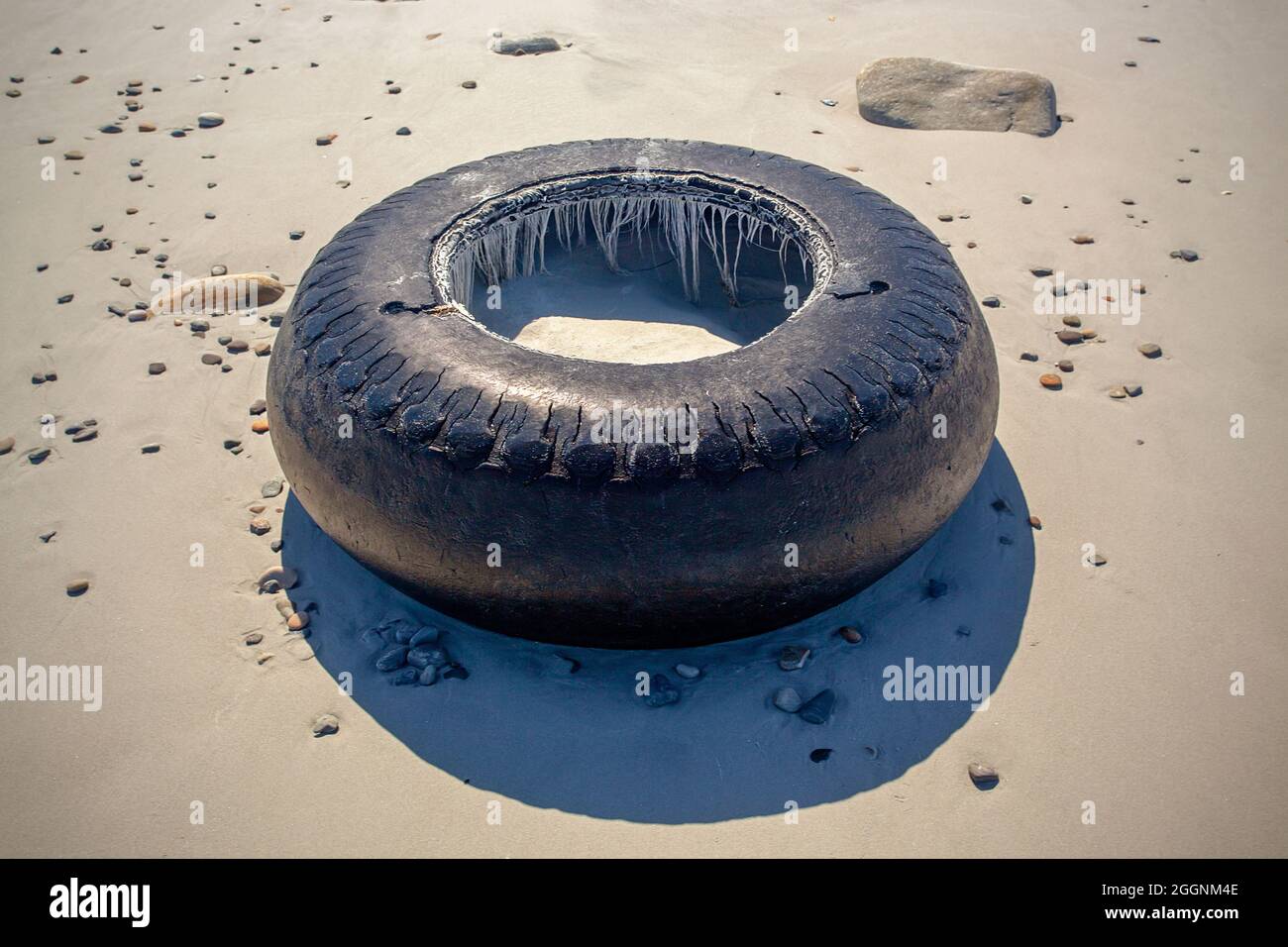 Zeitabgenutztes Relic: Ein entsorgter Traktorreifen an der Küste von Port Nolloth Stockfoto