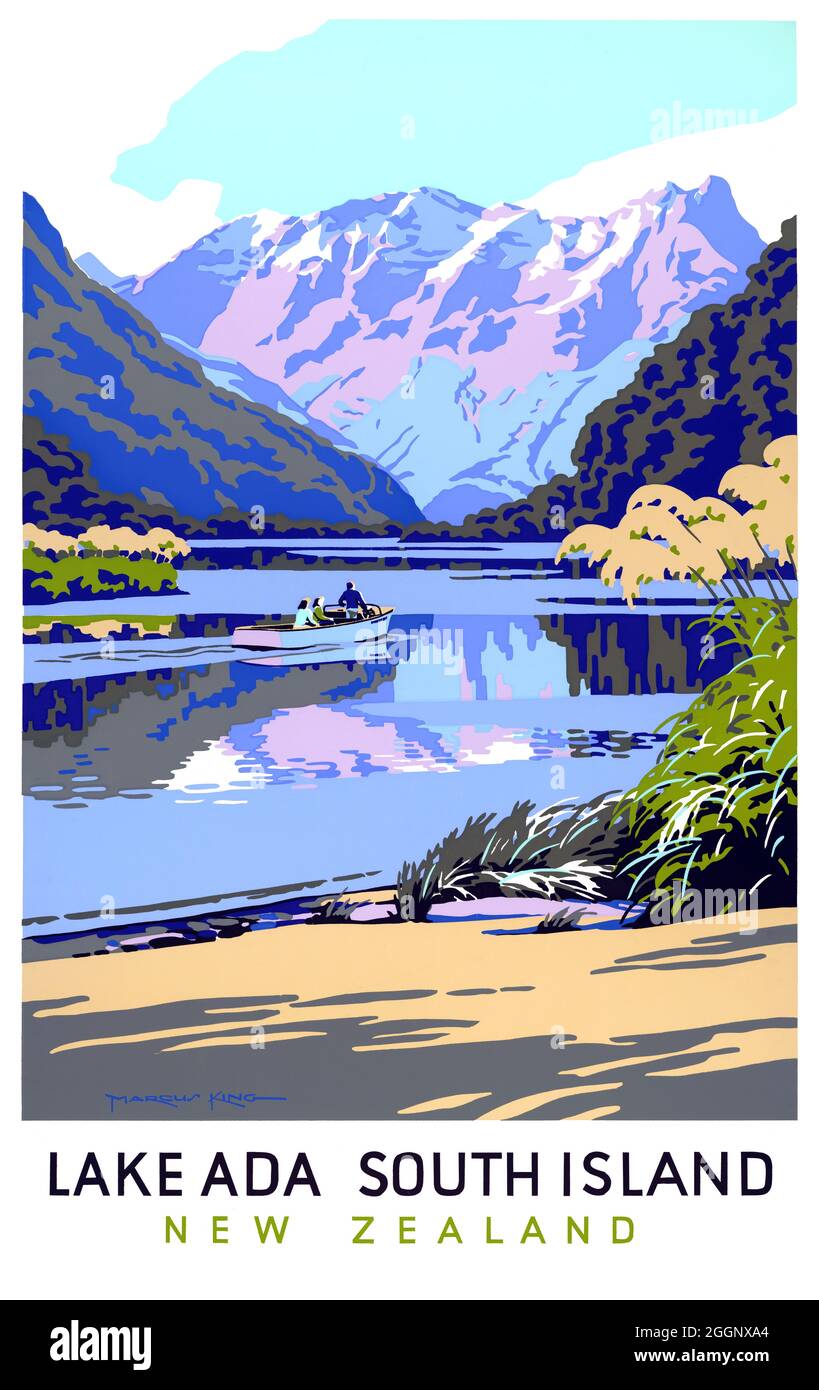 Lake Ada. Südinsel. Neuseeland von Marcus King (1891-1983). Restauriertes Vintage-Poster hinterlegte Vintage-Poster, die 1950 in Neuseeland veröffentlicht wurden. Stockfoto