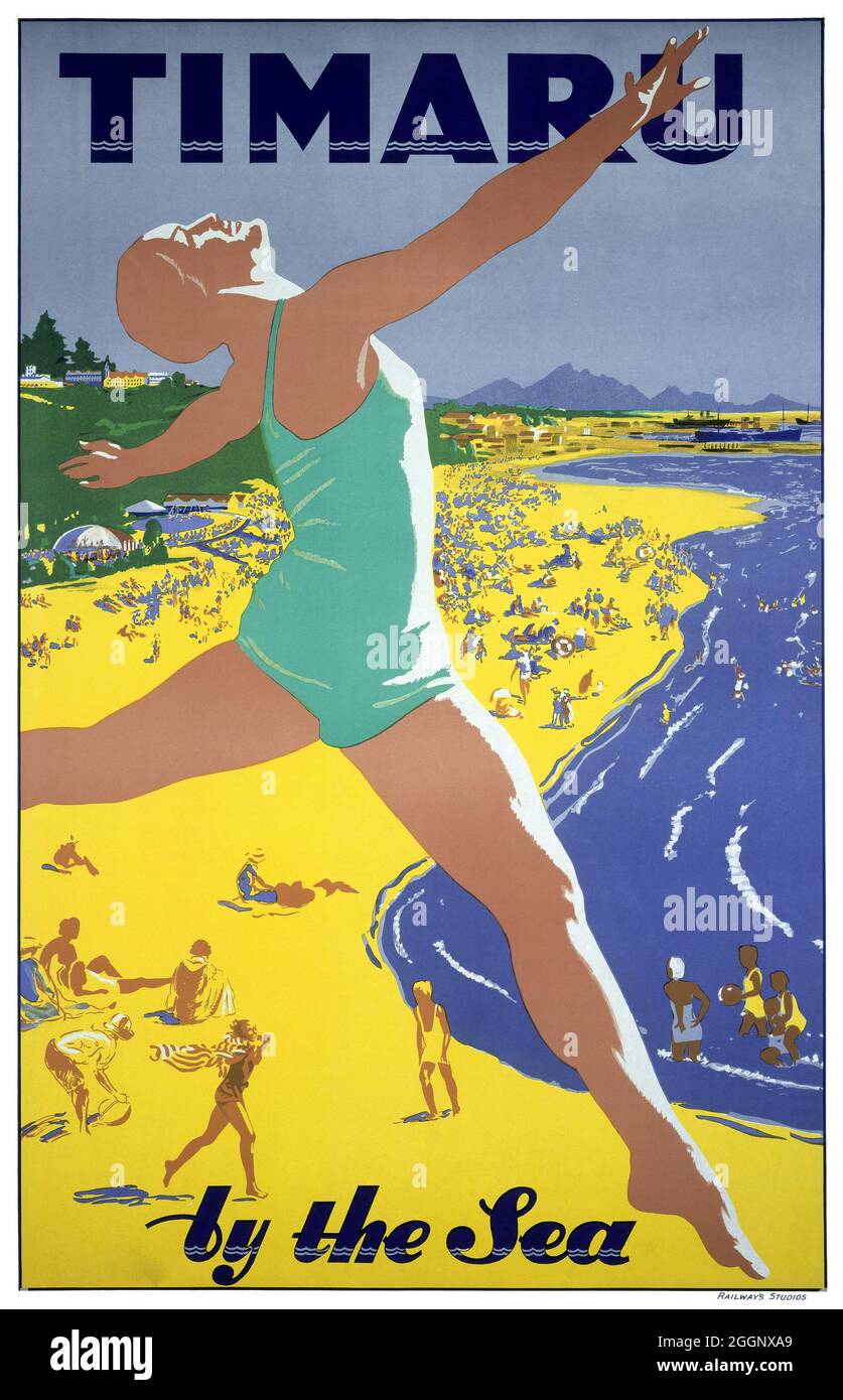 Timaru am Meer. Herausgegeben von den New Zealand Railways Studios. Restauriertes Vintage-Poster, das 1936 in Neuseeland veröffentlicht wurde. Stockfoto