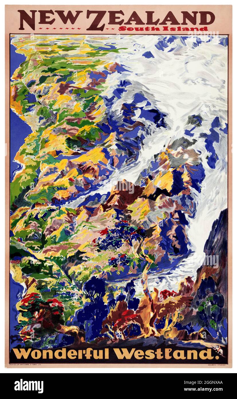 Südinsel Neuseelands. Wundervolles Westland. New Zealand Railways Studios. Öffentlichkeitsarbeit. Gedruckt von Whitcombe & Tombs Ltd. Restauriertes Vintage-Poster, das in den 1930er Jahren in Neuseeland veröffentlicht wurde. Stockfoto