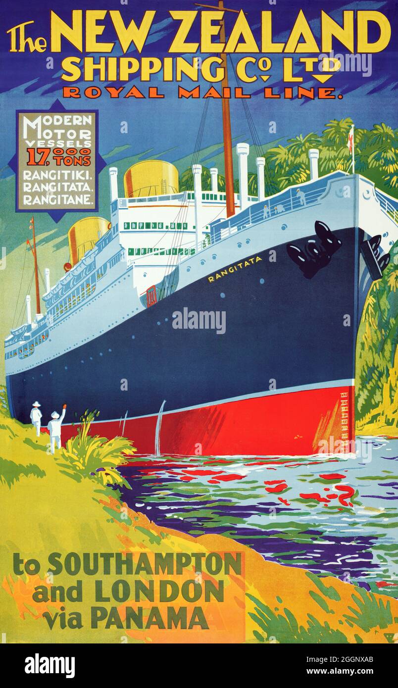 The New Zealand Shipping Co. Ltd. Royal Mail Line. Moderne Motorschiffe, 17,000 Tonnen. Rangitiki, Rangitata, Rangitane - nach Southampton und London über Panama. Restauriertes Vintage-Poster, das 1930 in Neuseeland veröffentlicht wurde. Stockfoto