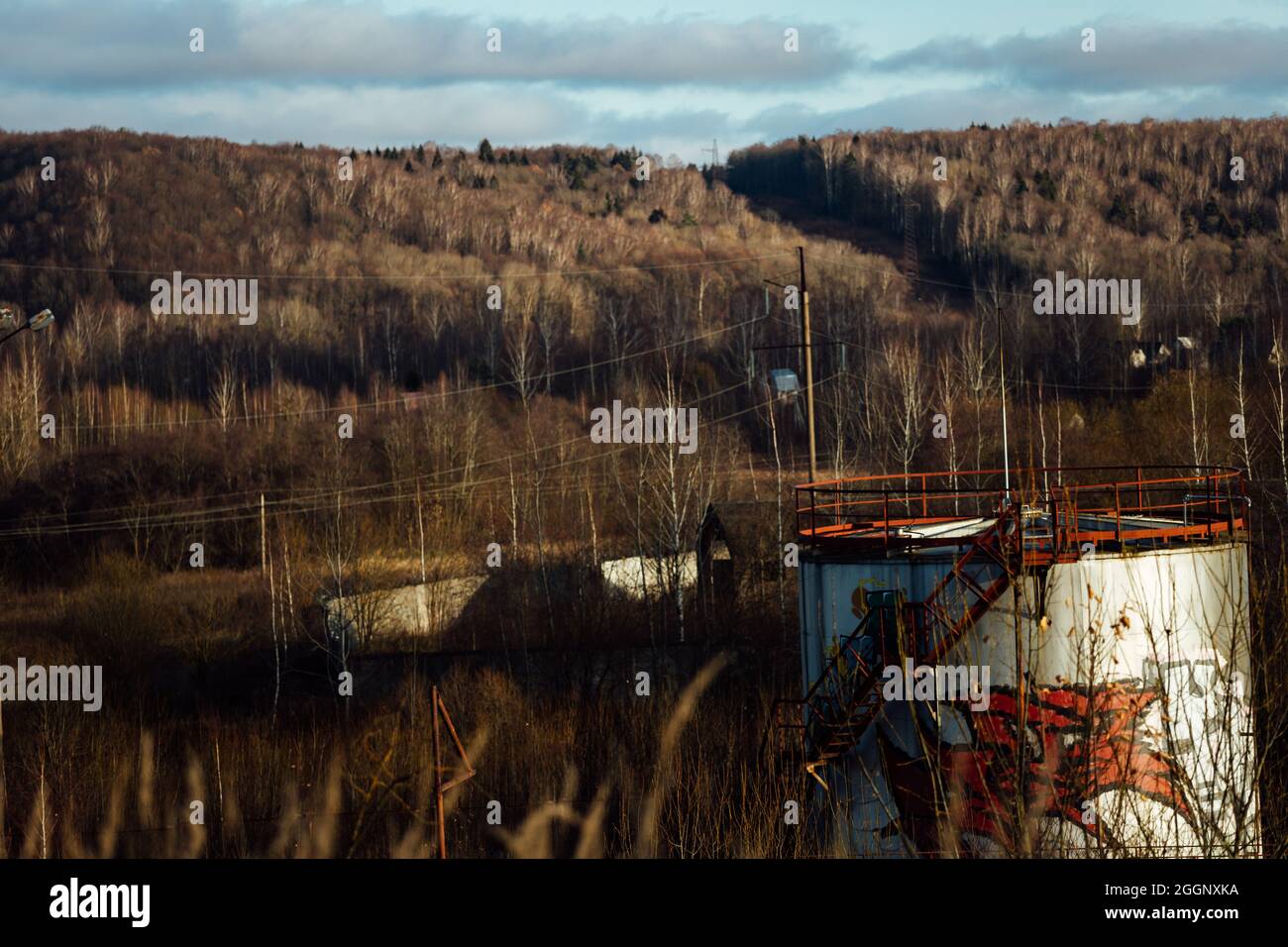 Herbst Industrielandschaft. Wald in der Zeit der Blattfall und verlassene Industriegebäude. Stromleitungen in den Vororten. Werkstätten des alten fa Stockfoto