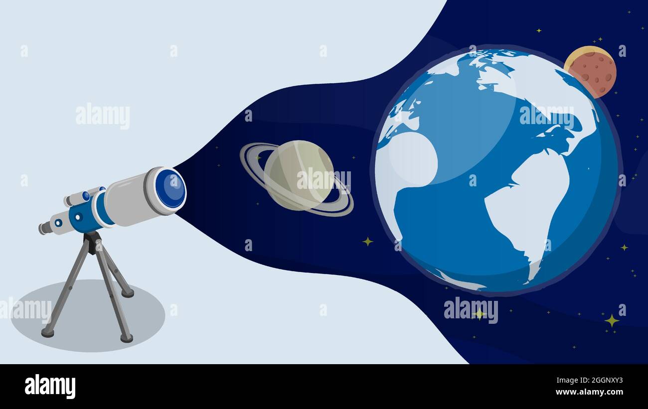 Das Teleskop beobachtet Satelliten auf der Umlaufbahn um den Planeten Erde  im All. Satellitenkommunikation und GPS-Navigation. Cartoon-Vektor  Stock-Vektorgrafik - Alamy