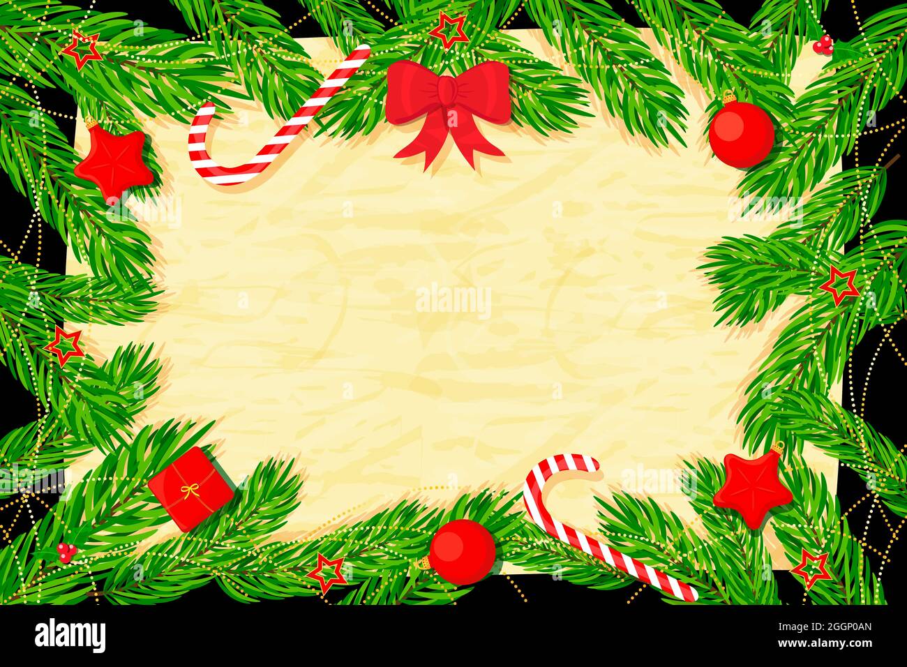 Weihnachtshintergrund mit Tannenbaum, Dekorationen und strukturiertem Papier. Vektorgrafik. Stock Vektor