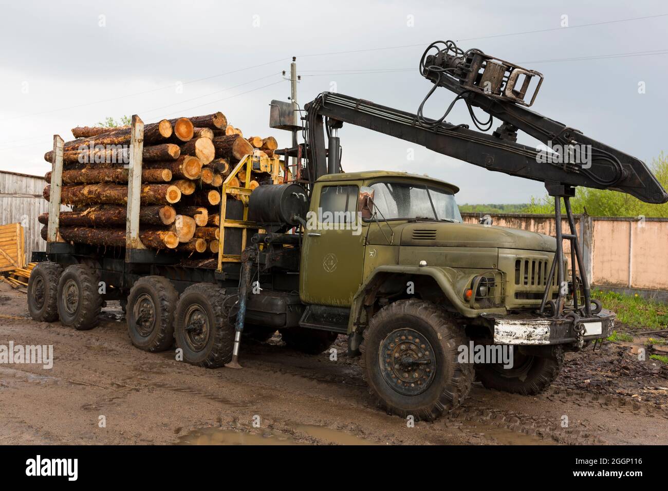 Transport von Holz auf einem LKW. Flurförderzeug zum Transport von Holz. Stockfoto