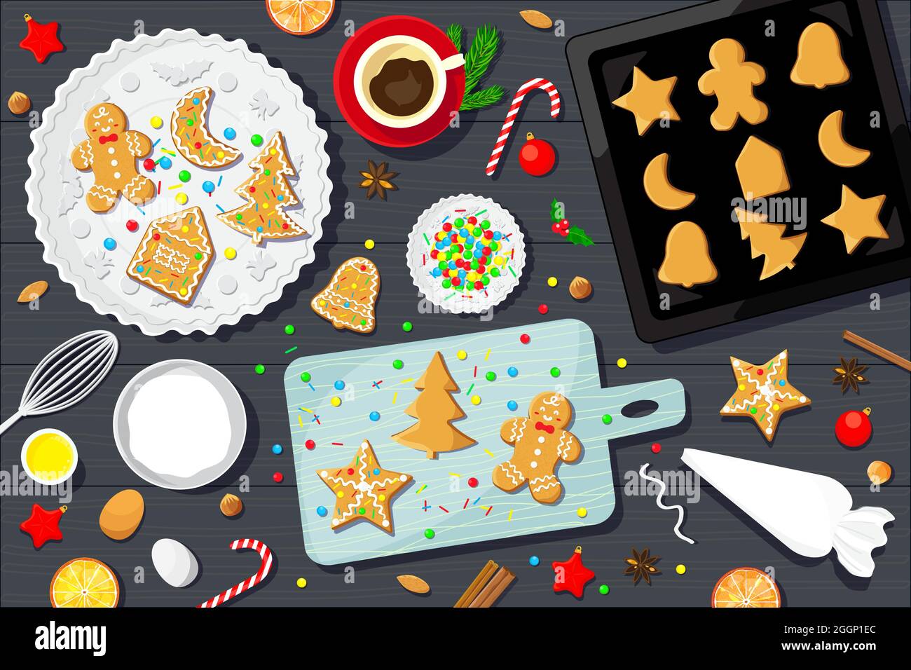 Dekorieren von Weihnachts-Lebkuchengebäck mit Glasur, Süßigkeiten und Streuseln. Hintergrund der Vektorgrafik. Stock Vektor