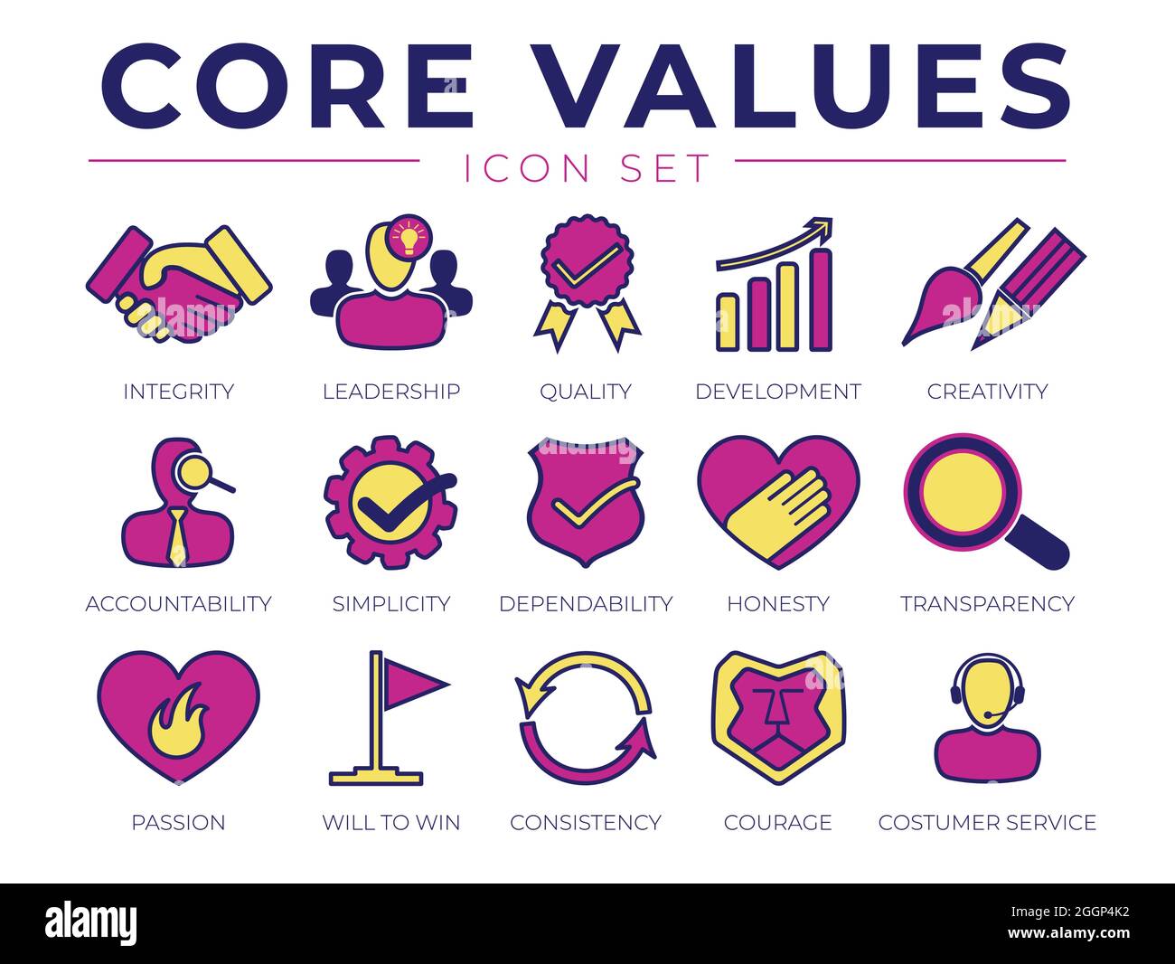 Core Values Retro Icon Set. Integrität, Führung, Qualität und Entwicklung, Kreativität, Verantwortlichkeit, Zuverlässigkeit, Transparenz, Leidenschaft Stock Vektor