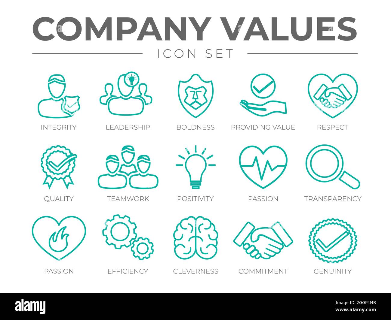 Symbolsatz Für Unternehmenswerte. Integrität, Führung, Kühnheit, Wert, Respekt, Qualität, Teamarbeit, Positive Einstellung, Leidenschaft, Transparenz, Leidenschaft, Effizienz Stock Vektor