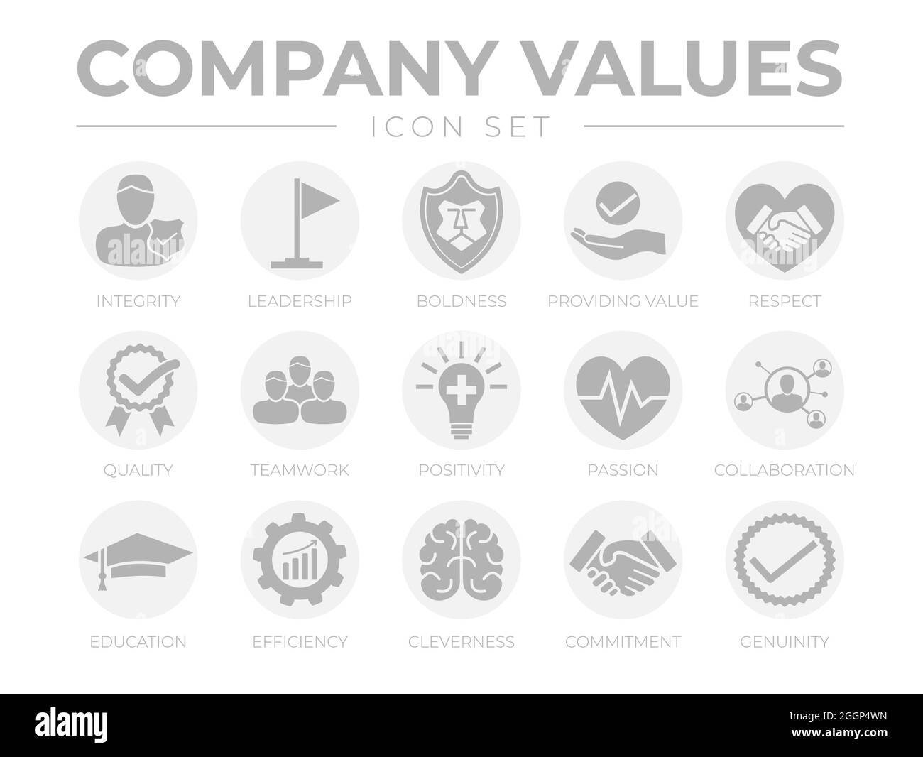 Unternehmenswerte Runde Graue Symbole. Integrität, Führung, Kühnheit, Wert, Respekt, Qualität, Teamarbeit, Positive Einstellung, Leidenschaft, Zusammenarbeit, E Stock Vektor