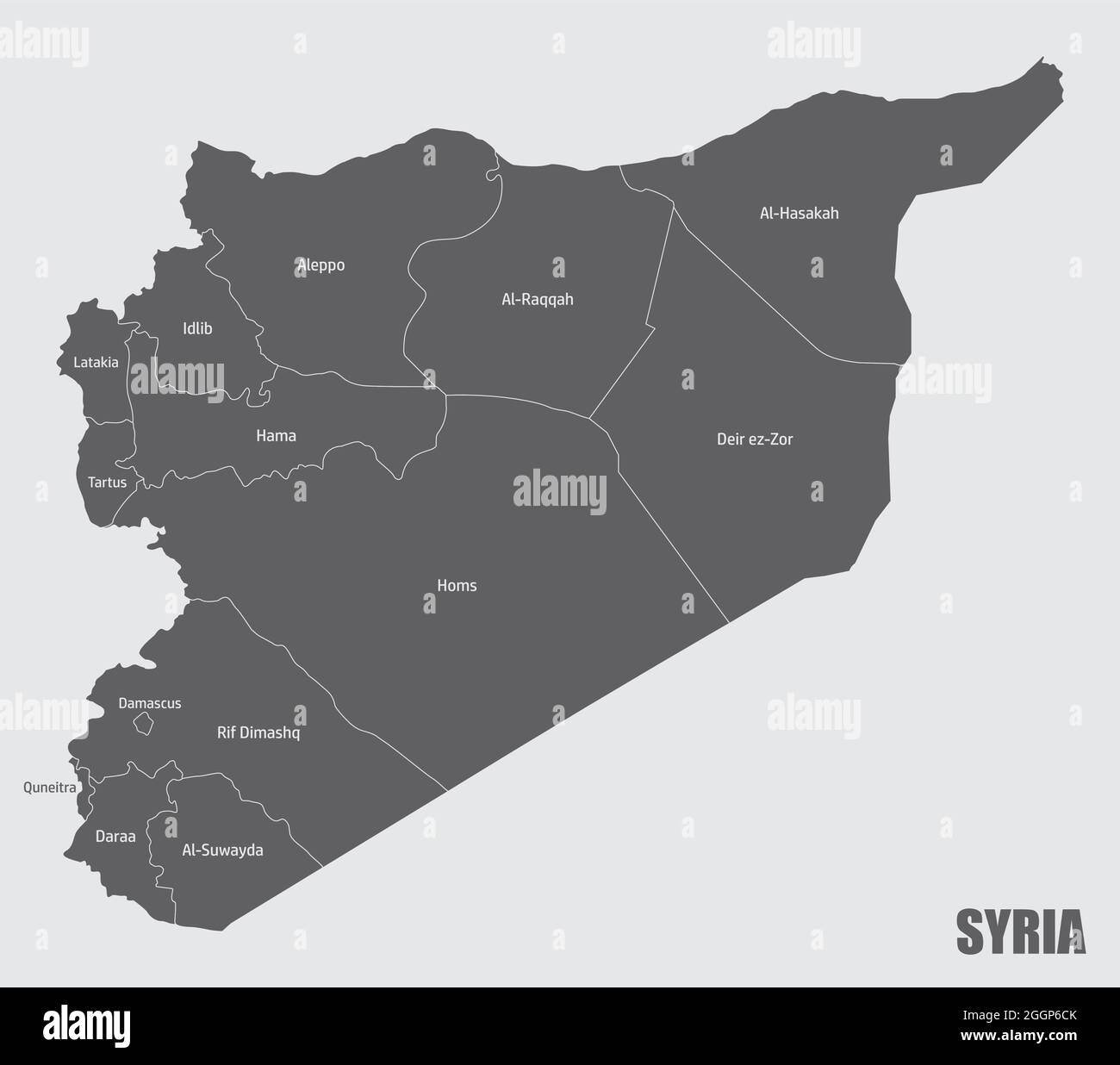 Isolierte Karte für Syrien, die in Provinzen mit Etiketten aufgeteilt ist Stock Vektor