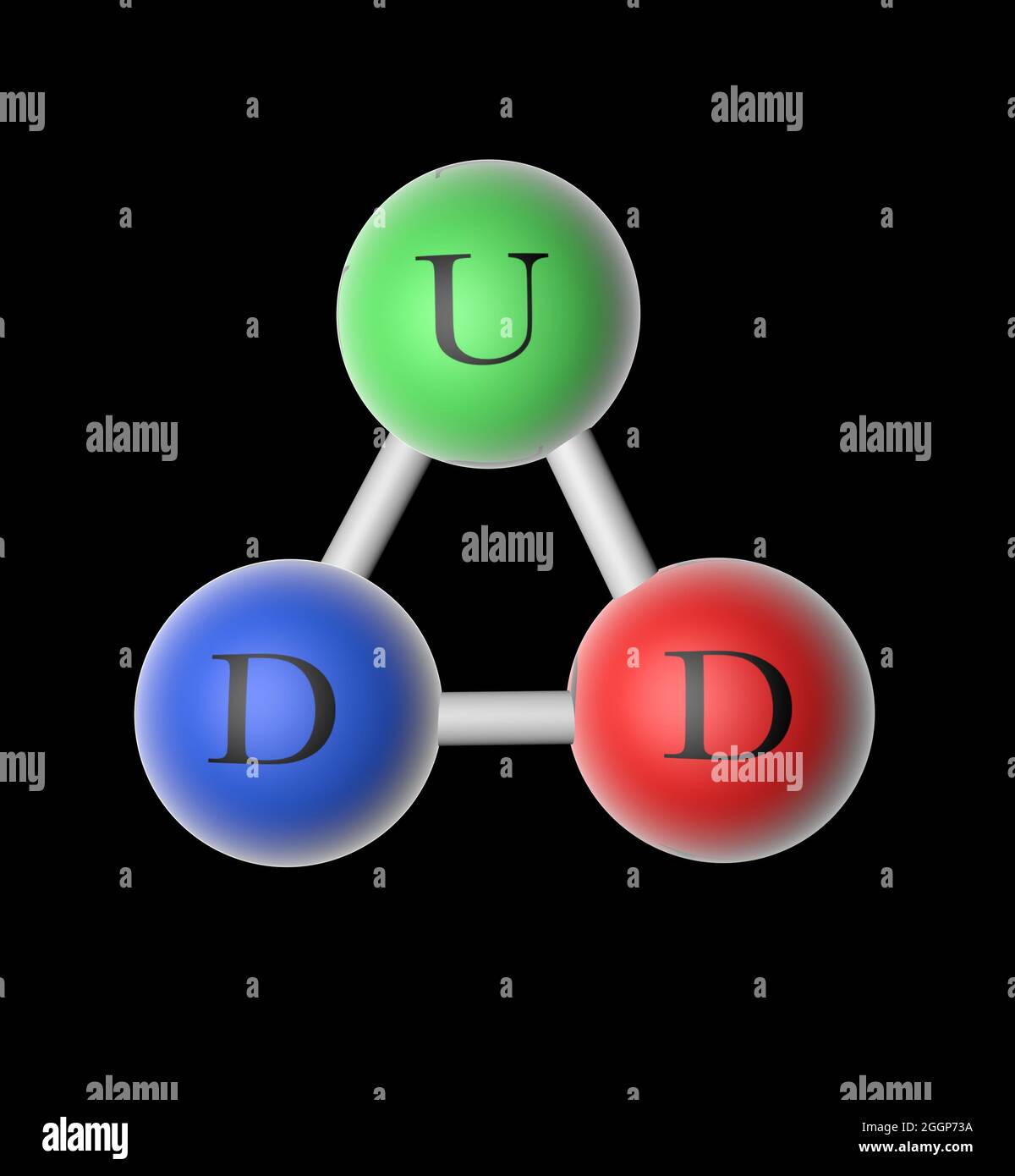 Illustration eines Neutrons, eines subatomaren Teilchens ohne elektrische Ladung, das aus zwei Down Quarks und einem Up Quarks besteht. Stockfoto