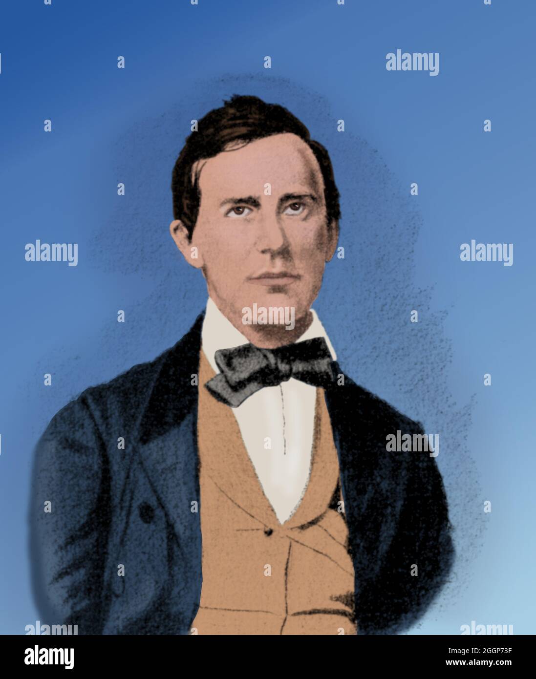 Stephen Collins Foster (4. Juli 1826 - 13. Januar 1864) war ein amerikanischer Komponist und Songwriter. Foster lehrte sich selbst Klarinette, Gitarre, Flöte und Klavier zu spielen und hatte keine formale Ausbildung in Komposition. Er schrieb mehr als 200 Lieder und viele seiner Kompositionen sind bis heute beliebt. Er gilt als einer der berühmtesten Songwriter des 19. Jahrhunderts. Skizze von Joseph Muller, undatiert (beschnitten und gereinigt). Eingefärbt Stockfoto