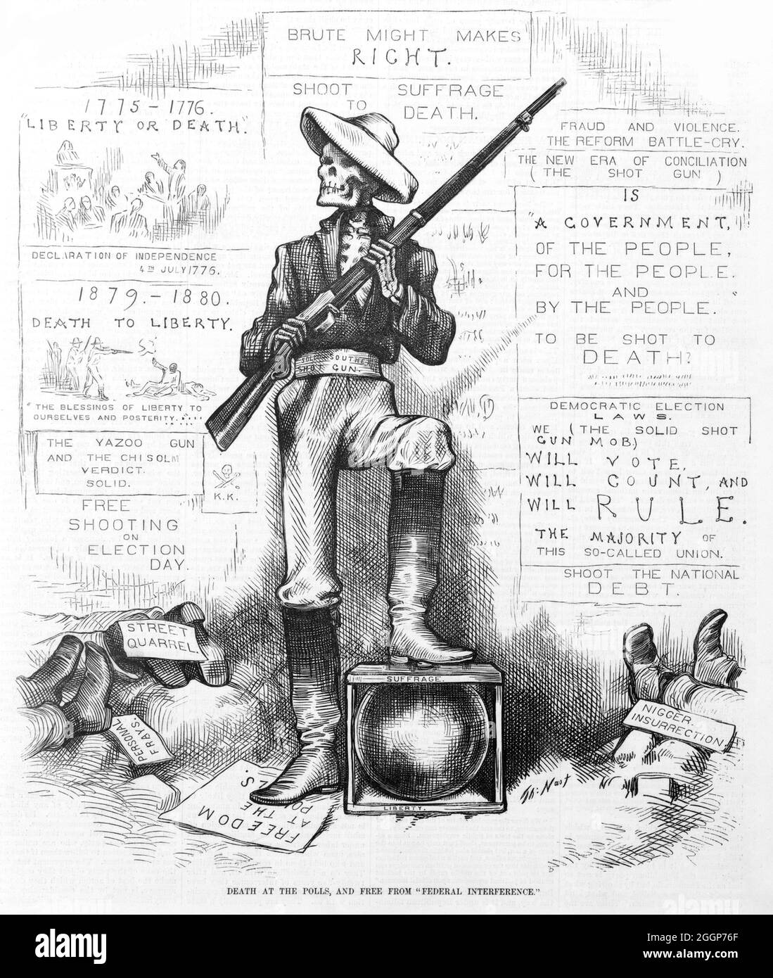 „Tod an den Wahlurnen und frei von Einmischung des Bundes.“ Ein Skelett mit einer Schrotflinte an den Wahlurnen, um zu verhindern, dass Schwarze Amerikaner in der Zeit des Wiederaufbaus nach dem Bürgerkrieg wählen. Thomas Nast (1840-1902), Harper's Weekly, 1879. Rechts steht die Frage: "Soll eine Regierung des Volkes, für das Volk und für das Volk, zu Tode geschossen werden?" Stockfoto