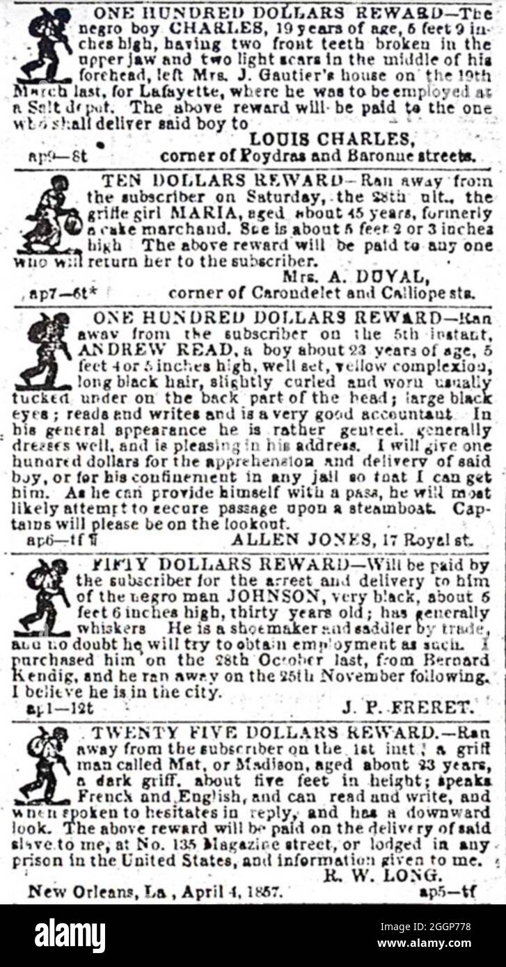 Belohnungen für entlaufene Sklaven, The Daily Picayune, New Orleans, Louisana, April 4, 1857. Stockfoto