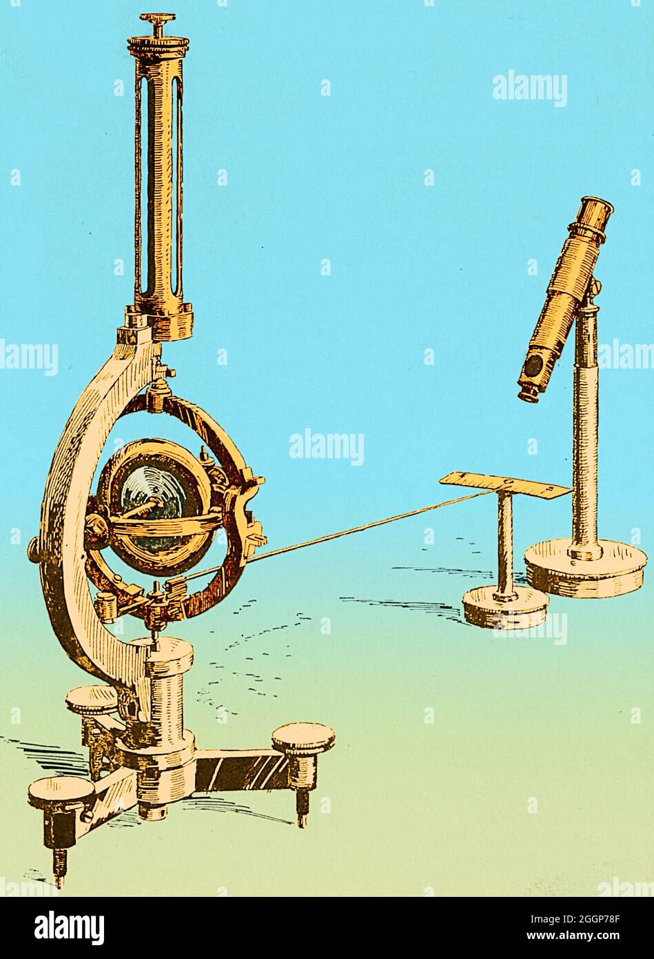 Illustration eines sich drehenden Gyroskops. Ein Gyroskop hat eine schwer drehende Scheibe, bekannt als Schwungrad, die auf einer Achse montiert ist. Gyroskope werden in Stabilisatoren und in Kompassen in Booten und Flugzeugen eingesetzt. In dieser Abbildung konnten Positionsänderungen durch direkte Untersuchung des vertikalen Kreiselrings durch das Mikroskop beobachtet werden, aber die Verwendung von Zeiger und Skala erleichtert die Erkennung von Bewegungen. Farbverstärkter. Stockfoto