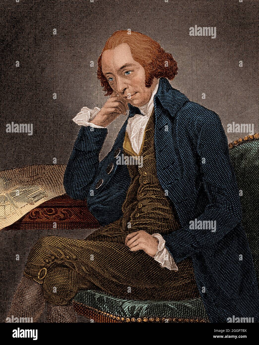 James Watt (1736-1819) war ein schottischer Erfinder und Maschinenbauingenieur, dessen Verbesserungen an der Dampfmaschine von Newcomen für die Veränderungen durch die industrielle Revolution von grundlegender Bedeutung waren. Stich nach Carl Frederik von Breda, 1792. Eingefärbt. Stockfoto