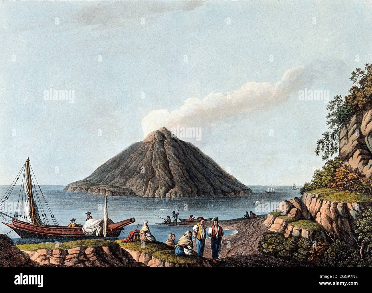 Die Insel Stromboli auf den Äolischen Inseln Italiens, zeigt den aktiven Vulkan, farbiger Aquatinta, 1809, nach Luigi Mayer. Stockfoto