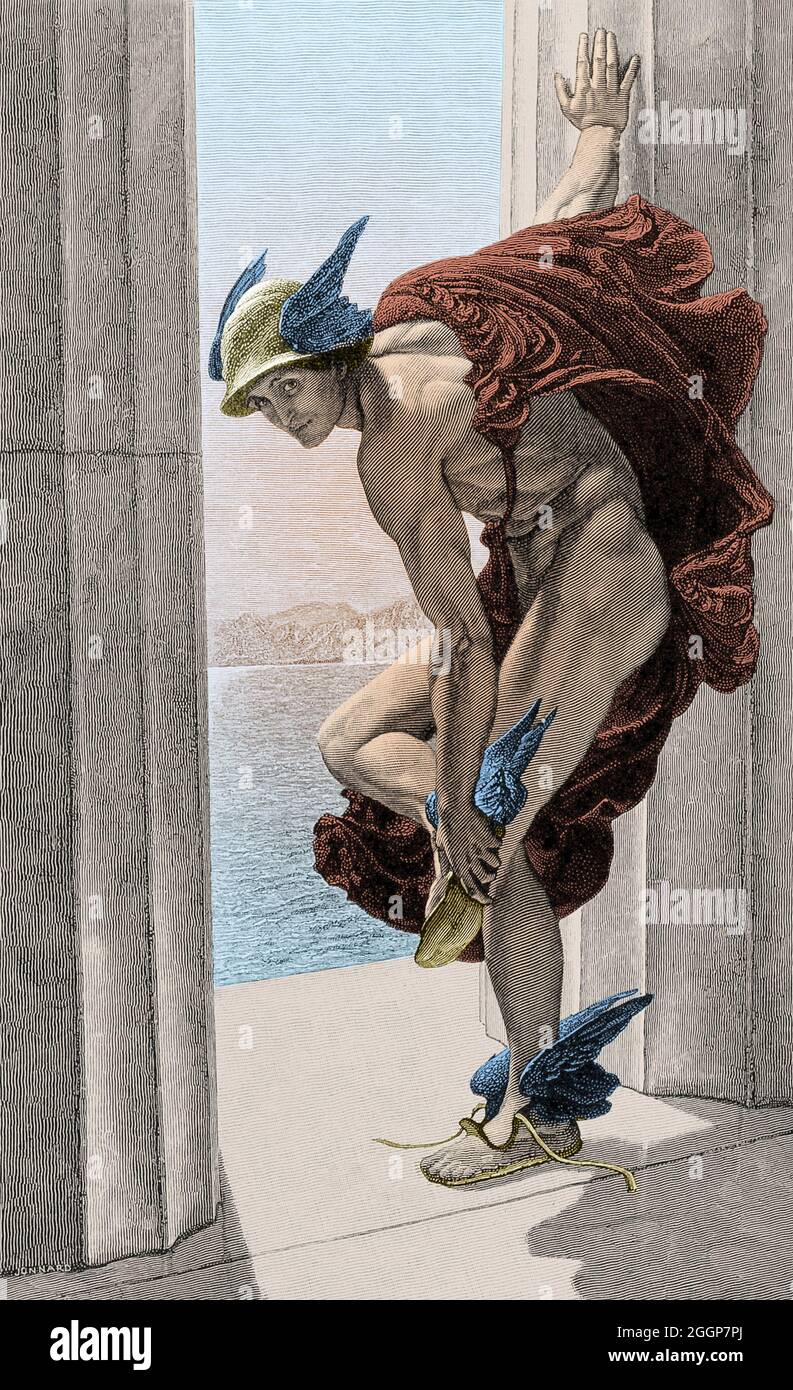 Kolorierte historische Illustration des antiken römischen gottes Merkur. Stockfoto
