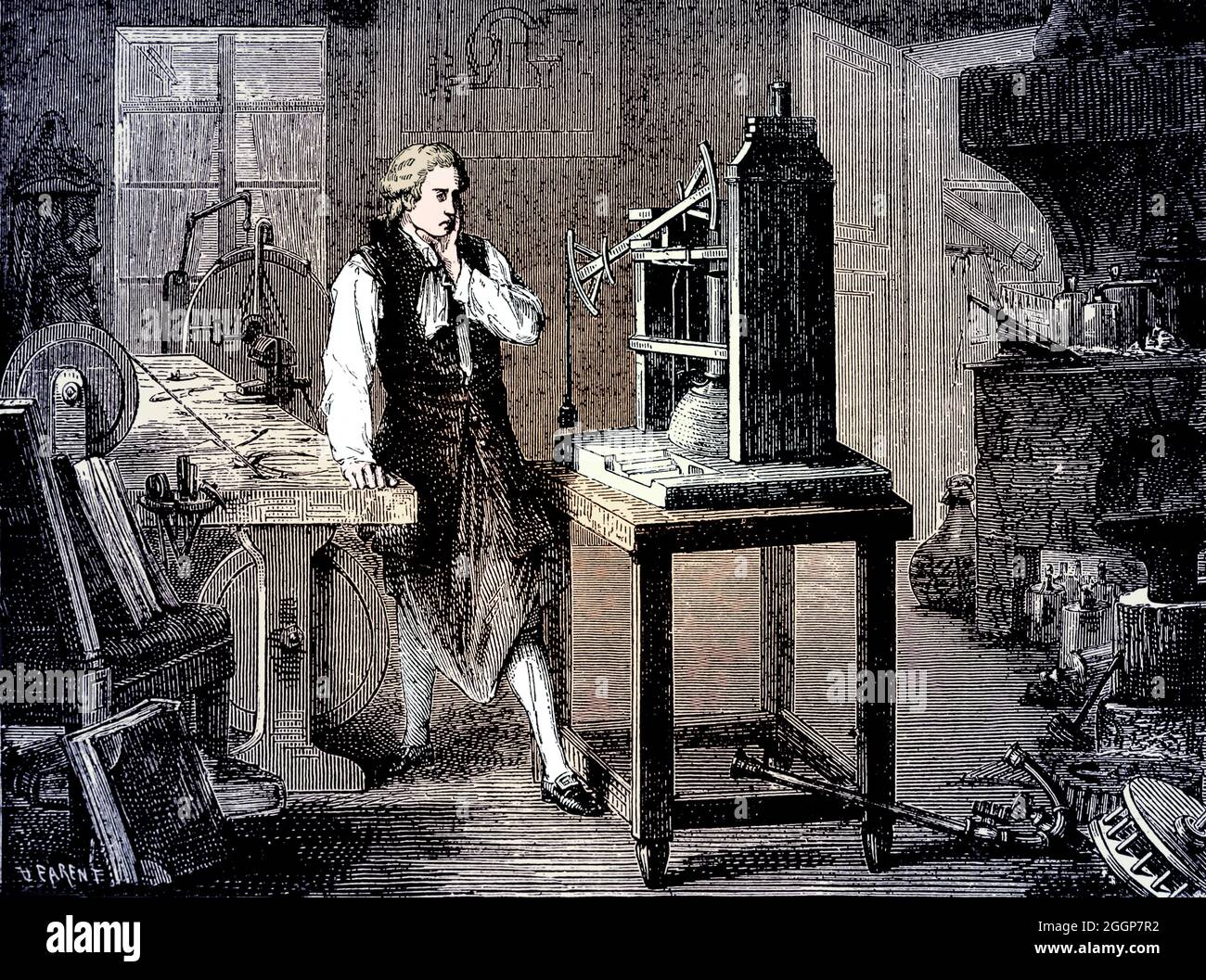 Kolorierte historische Illustration von James Watt (30. Januar 1736 - 25. August 1819), schottischem Erfinder und Maschinenbauingenieur. Stockfoto